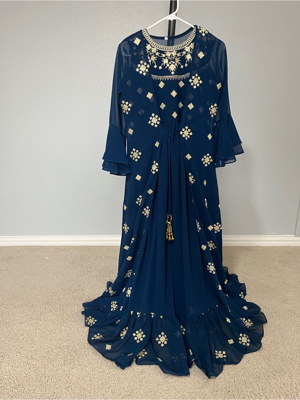 Elegant Navy Blue Maxi Dress with Gold Embroidery